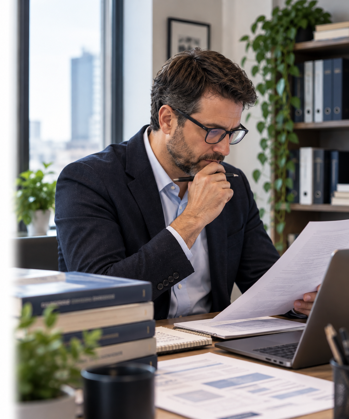 Education consultant reviewing curriculum and quality documentation